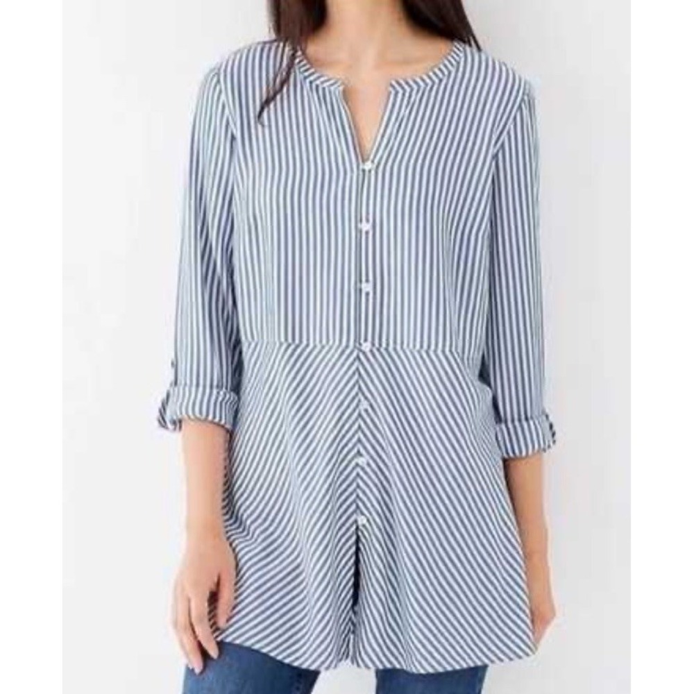 J Jill Shirt Button Up Tunic Top Roll Tab Sleeve Women's Sz L Blue White Striped